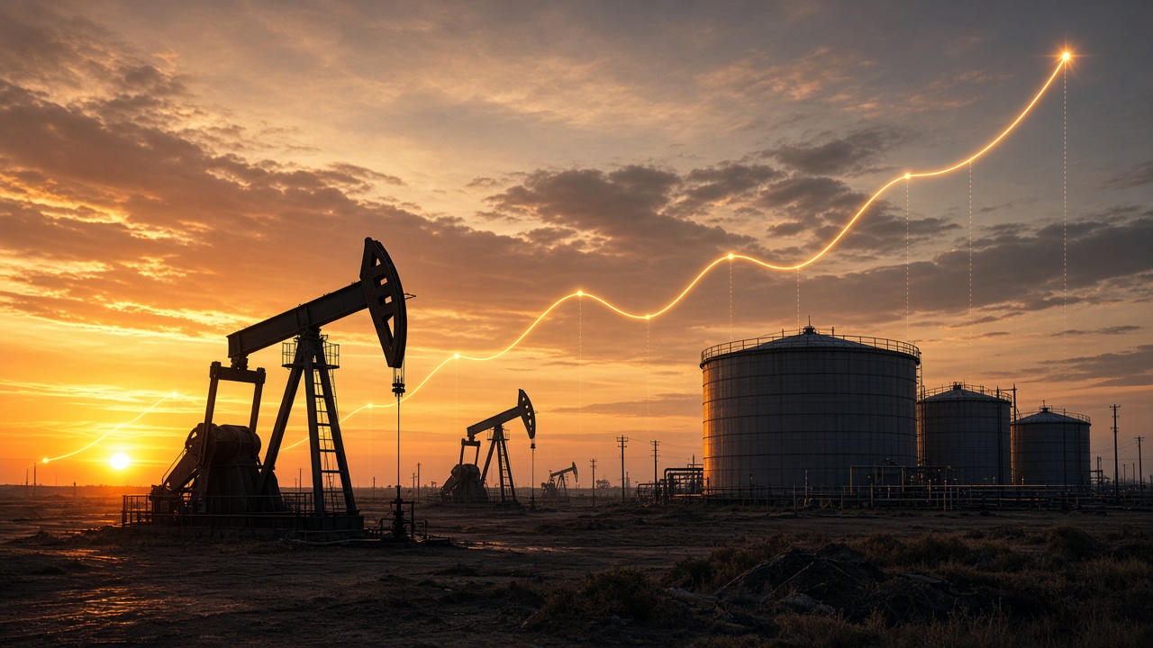 Oil pump jacks and storage tanks at sunset